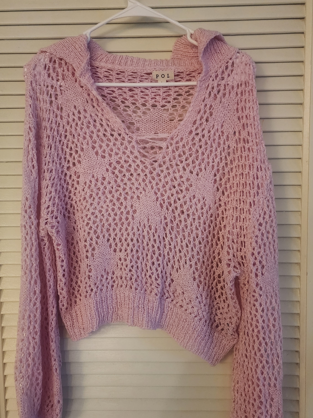 POL Boho Pink Open Knit Lace-Up Sweater Coastal Festival Size L